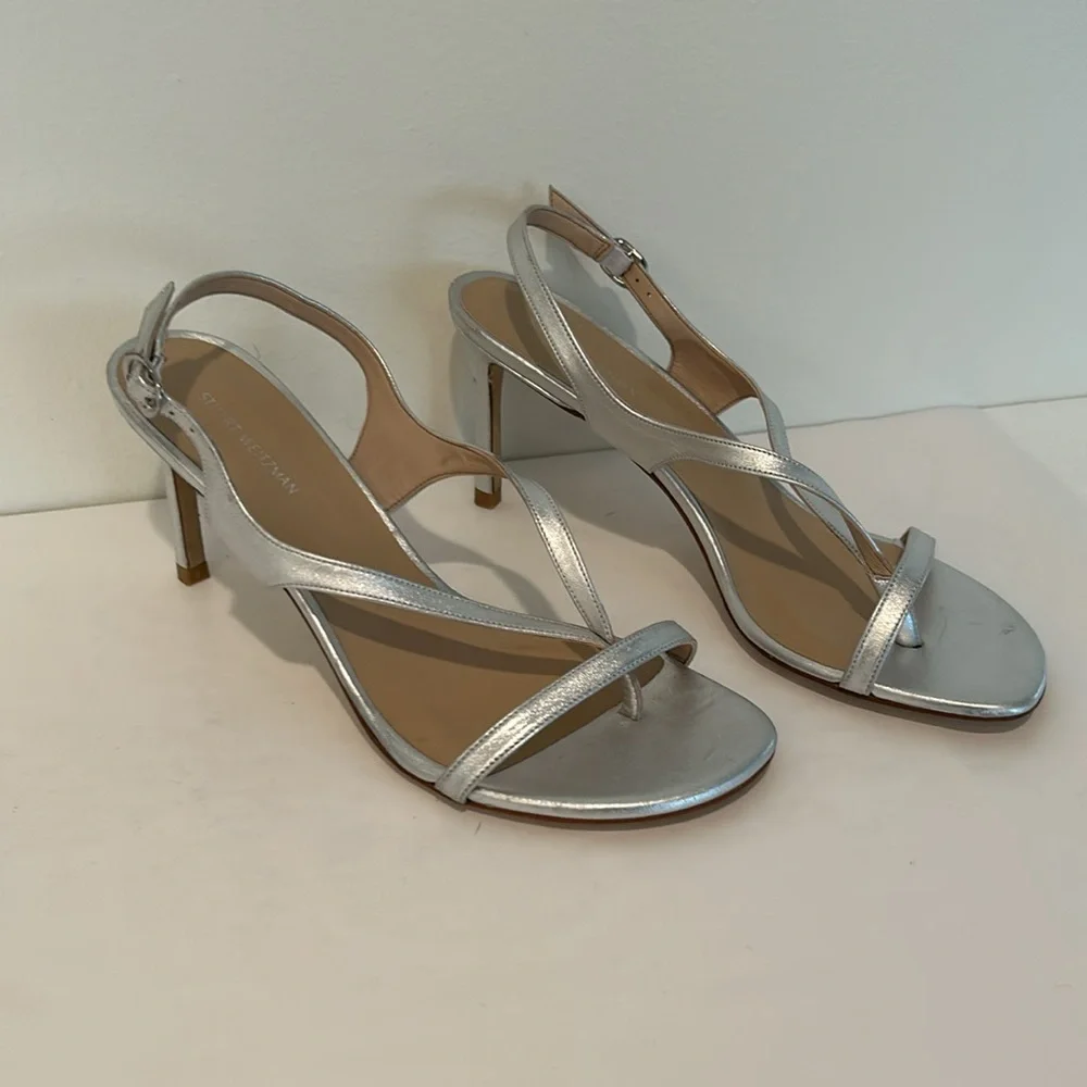 New Stuart Weitzman Silver Strappy Heels Size 9, Style code SB052. - Picture 3 of 9